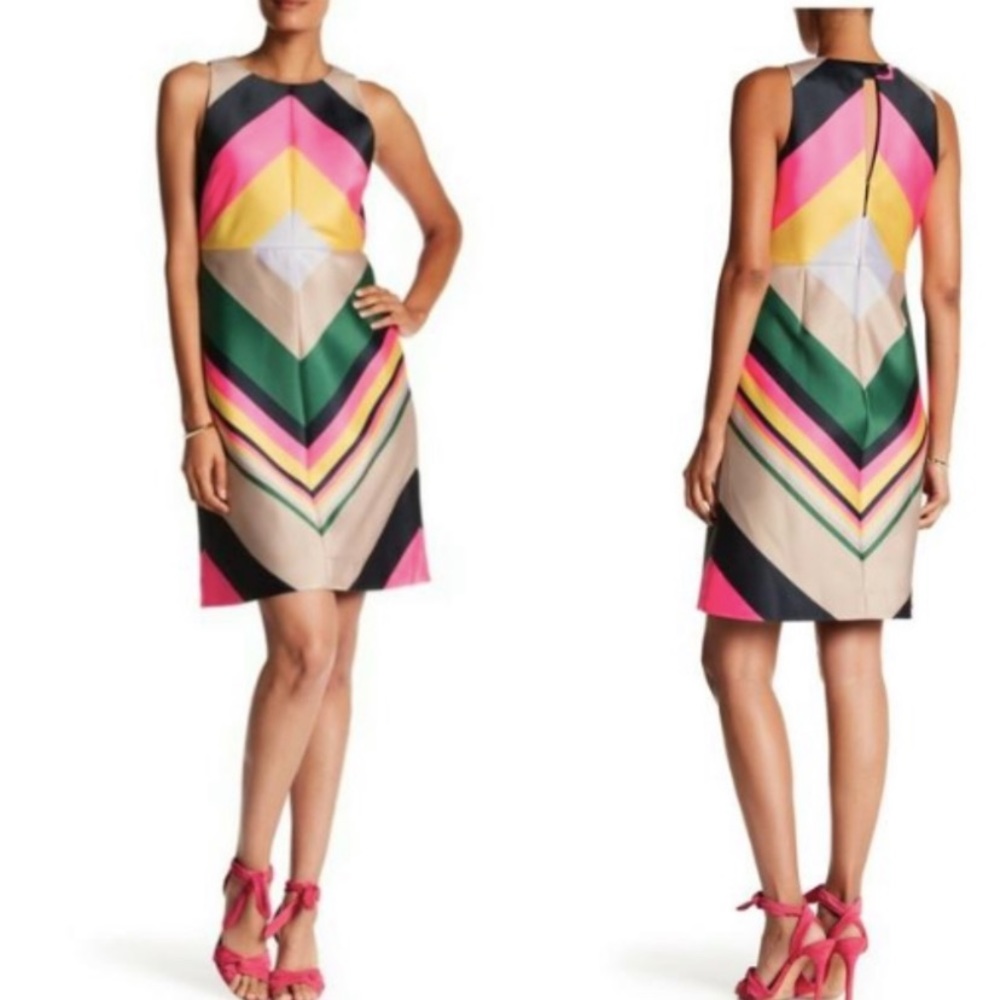 J. Crew Multicolor Chevron Sheath Dress - Pink, Yellow, Green, Black, Beige